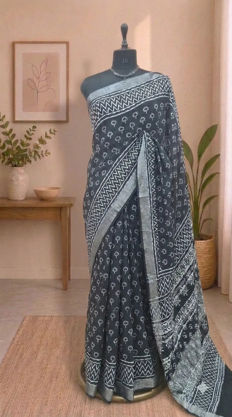 Black Pure Linen Cotton Saree