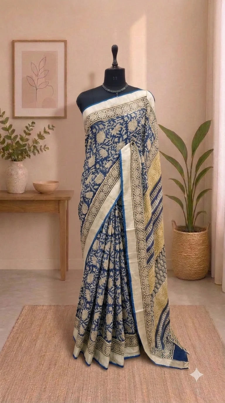 Blue Linen Cotton Saree 