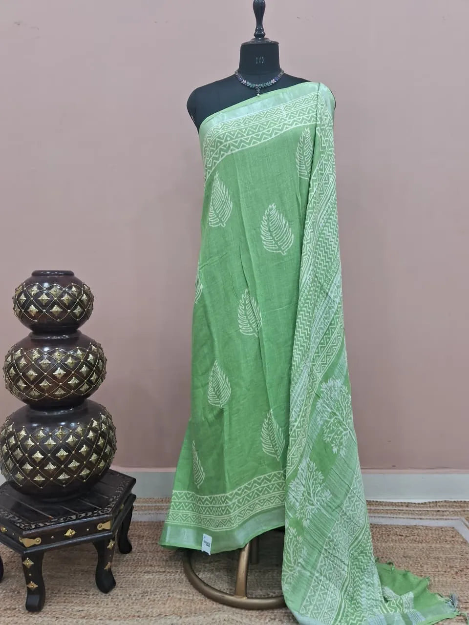 Leaf Green Linen Cotton Saree