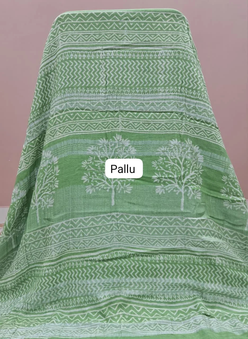 Leaf Green Linen Cotton Saree Pallu