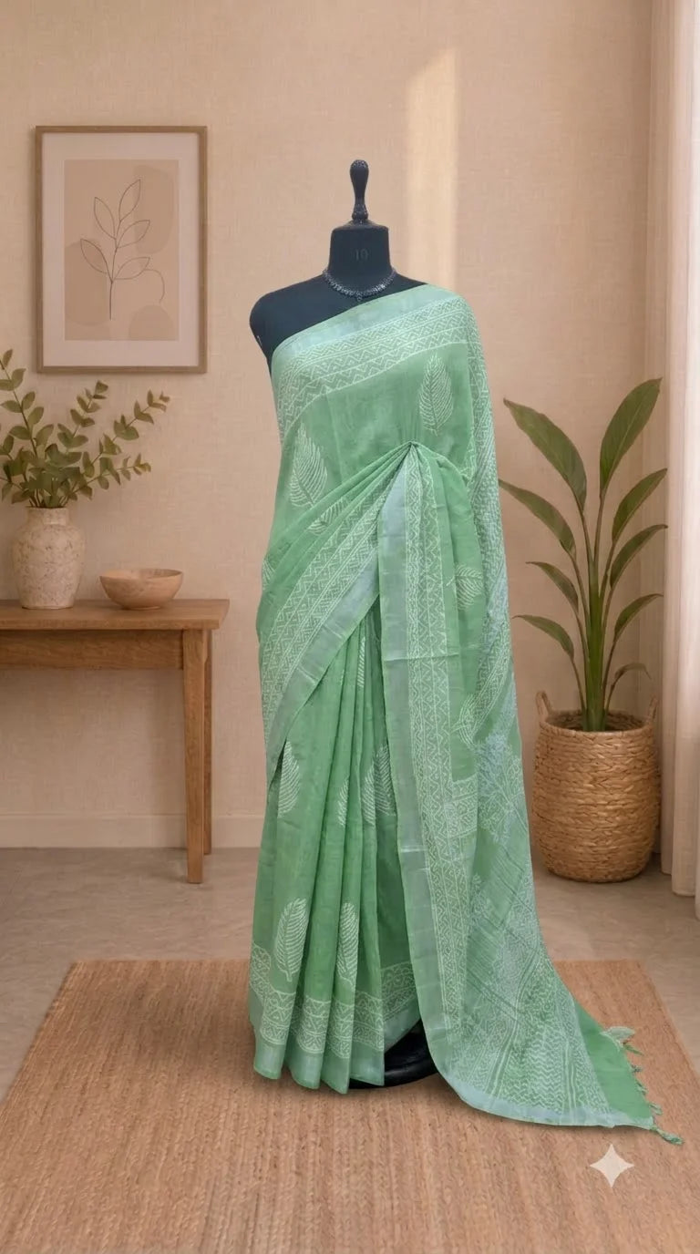 Leaf Green Linen Cotton Saree