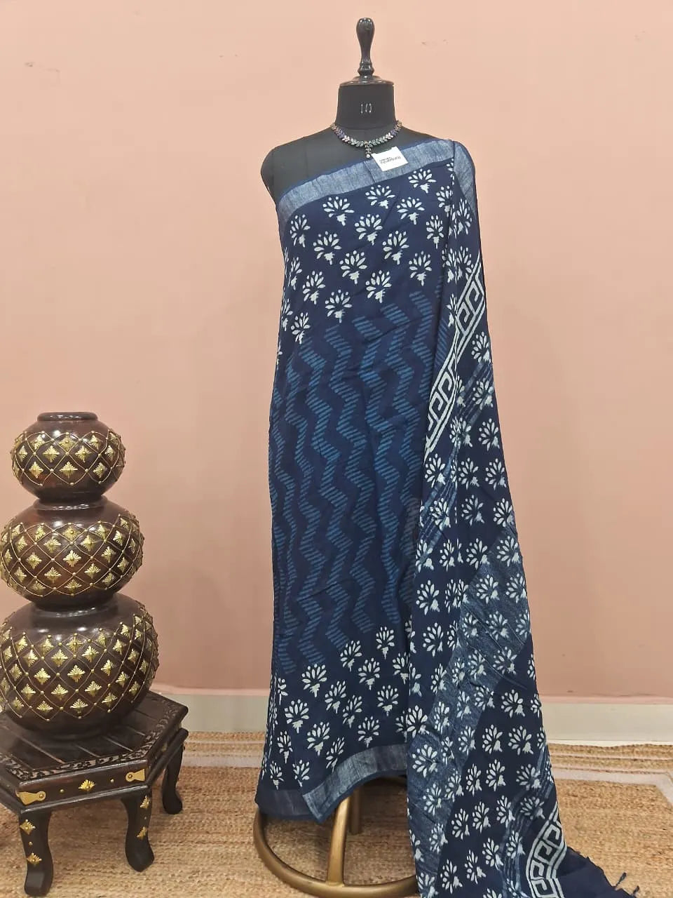 Dark Indigo Blue Linen Cotton Saree 