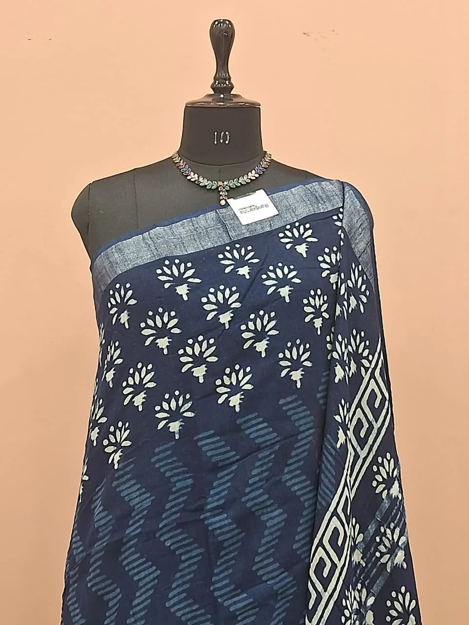 Dark Indigo Blue Linen Cotton Saree  1