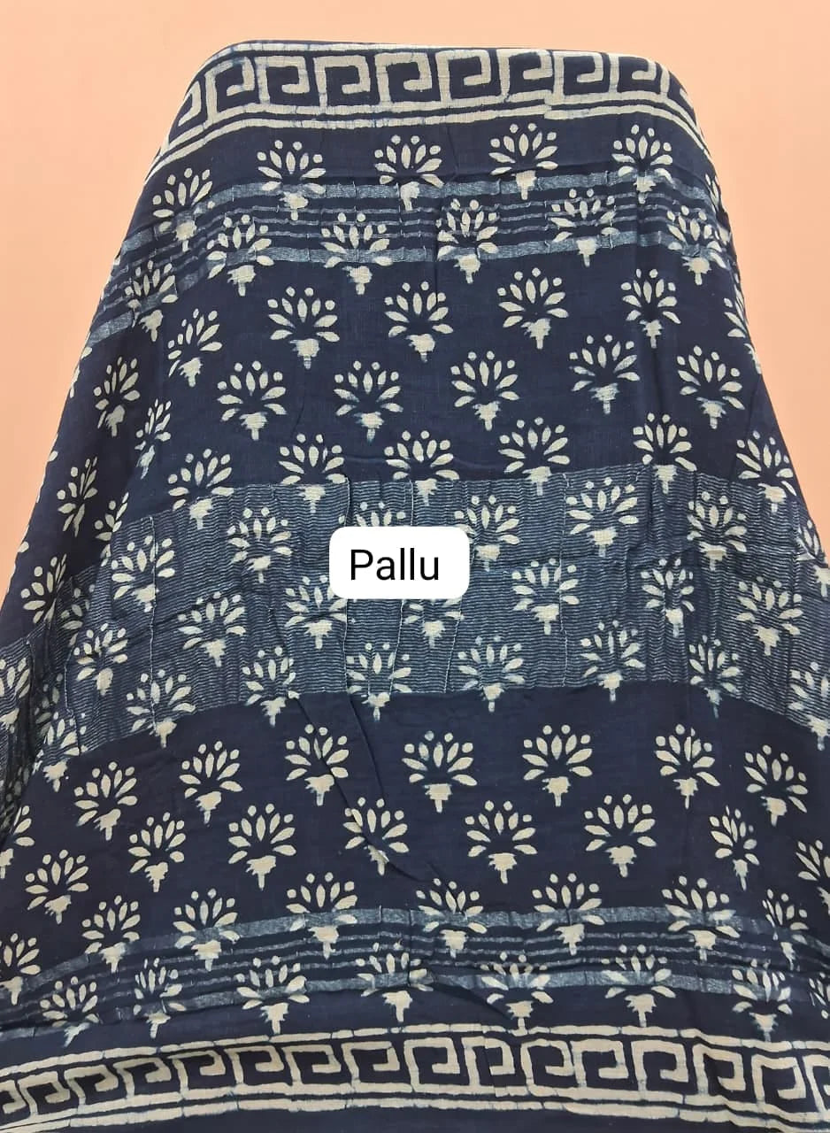 Dark Indigo Blue Linen Cotton Saree Pallu