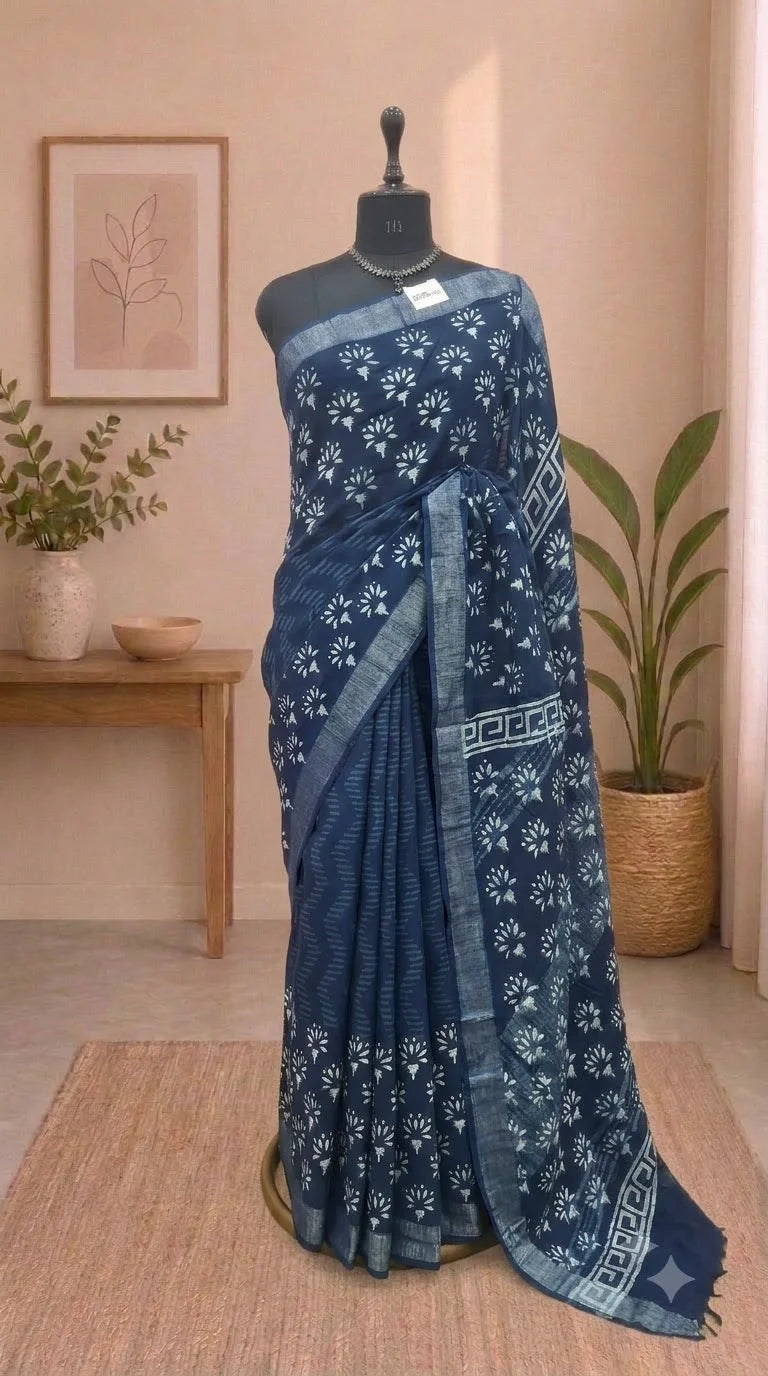 Dark Indigo Blue Linen Cotton Saree 