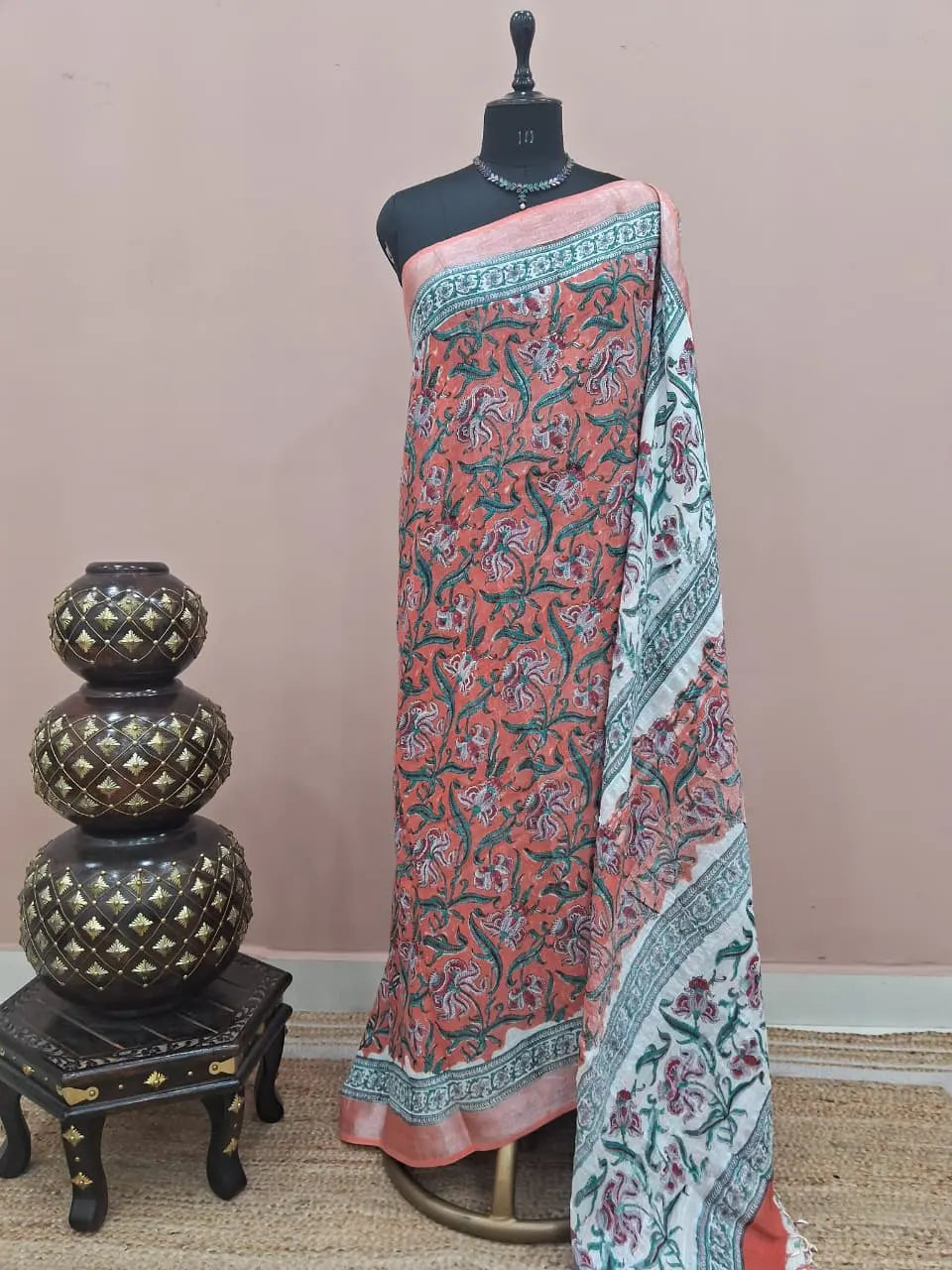 Dark Peach Linen Cotton Saree
