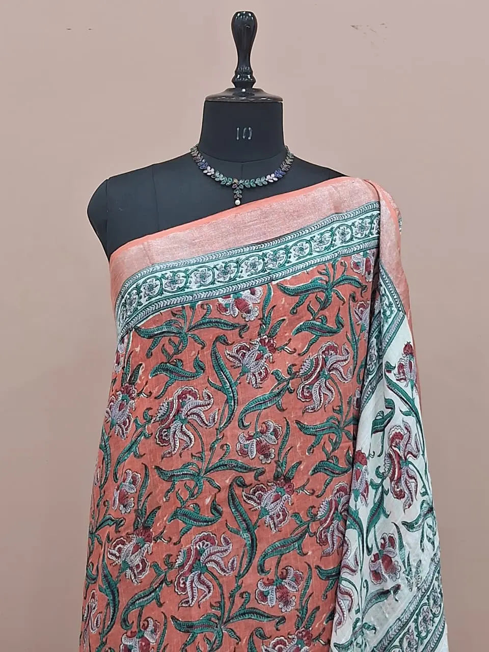 Dark Peach Linen Cotton Saree 1