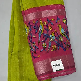 Parrot Green Semi Linen Saree