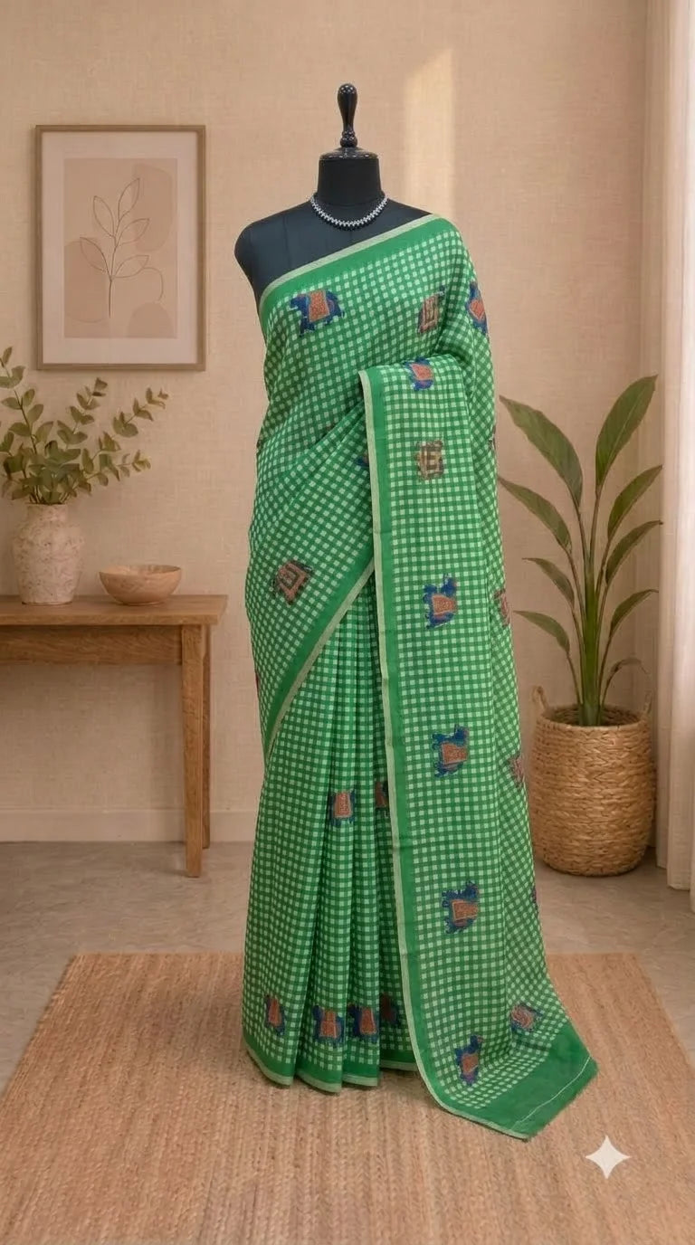 Green and White Checked Linen Saree