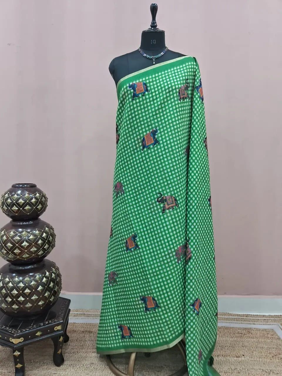 Green and White Checked Linen Saree