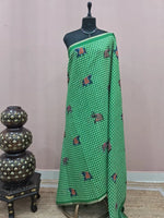 Green and White Checked Linen Saree