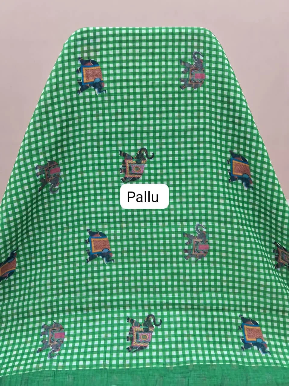 Green and White Checked Linen Saree Pallu