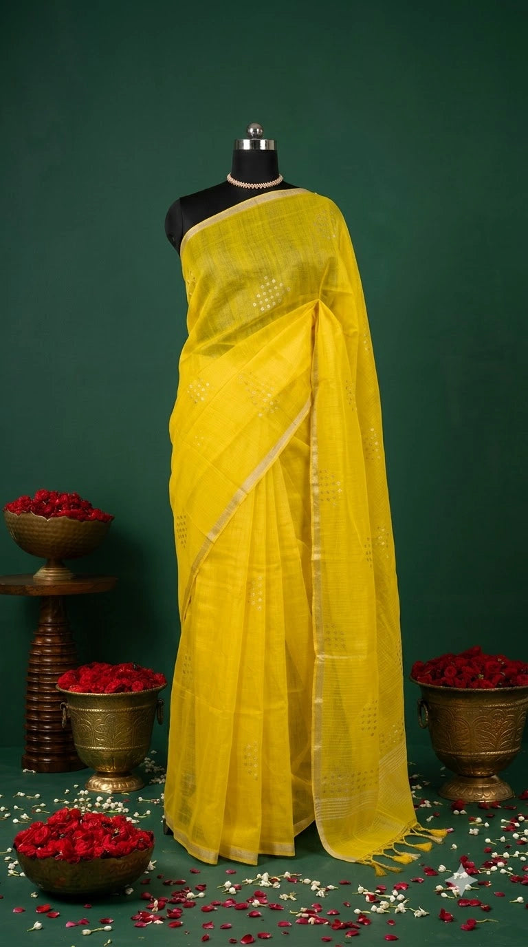 Yellow Muslin Silk Saree 