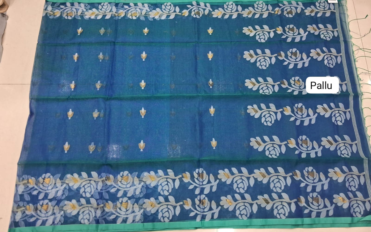 Ocean Blue Muslin Saree pallu