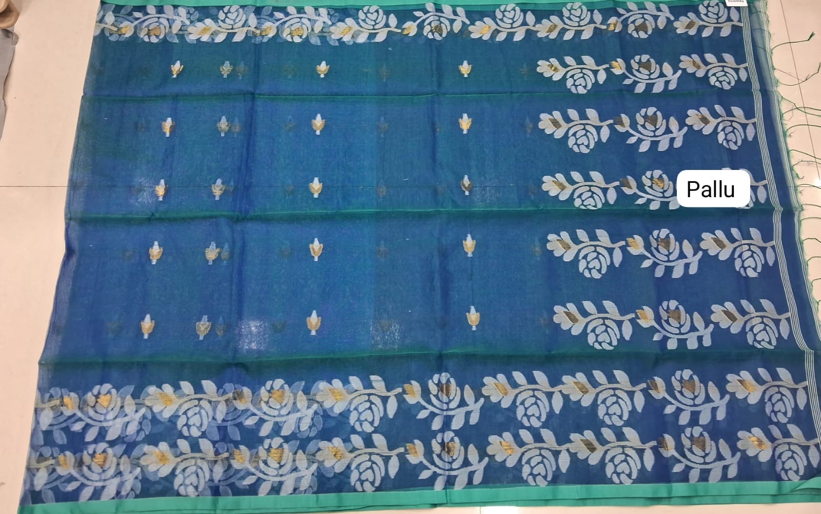 Ocean Blue Muslin Saree pallu
