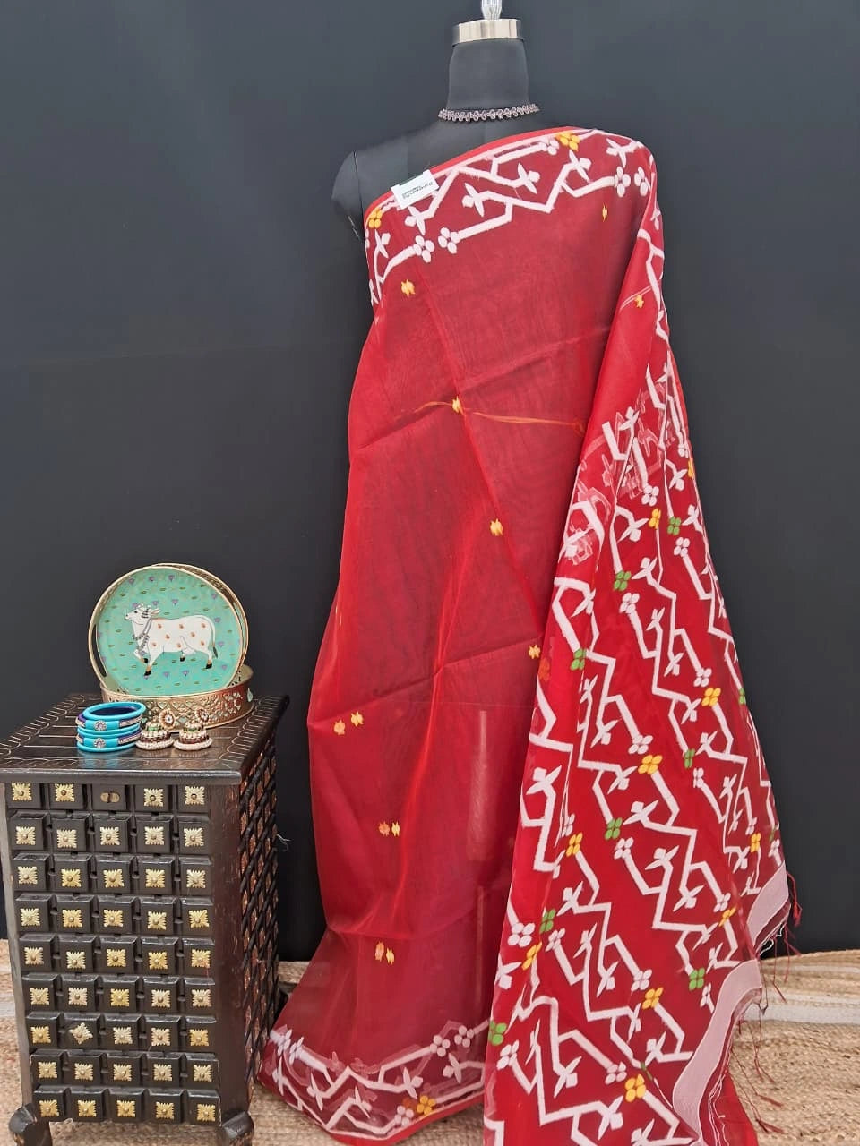 Luxury Fire Red Muslin Silk Saree 