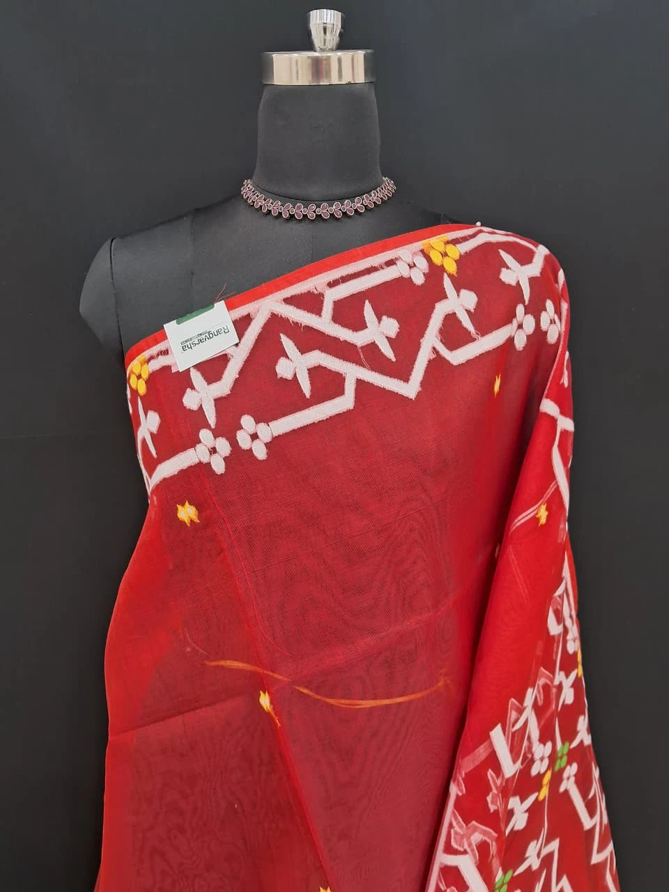 Luxury Fire Red Muslin Silk Saree 