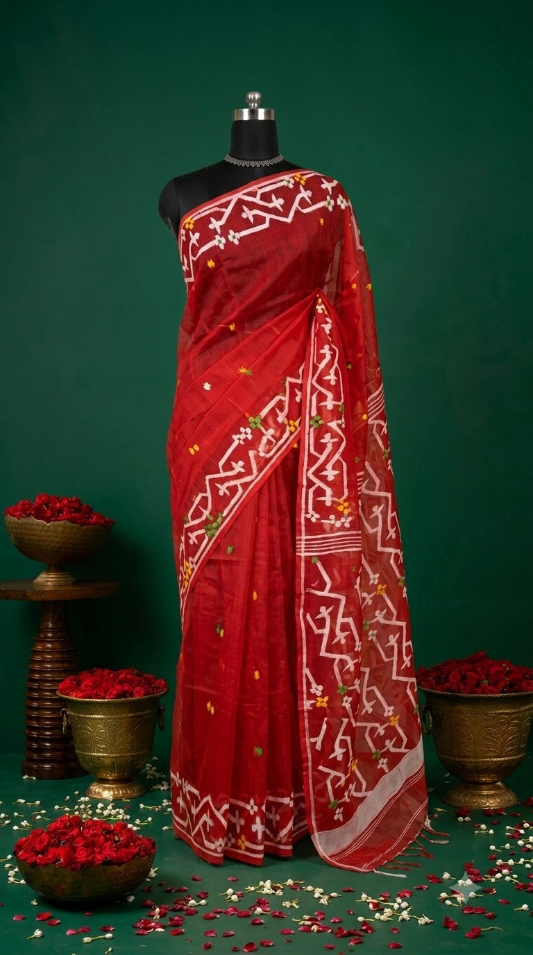 Luxury Fire Red Muslin Silk Saree 