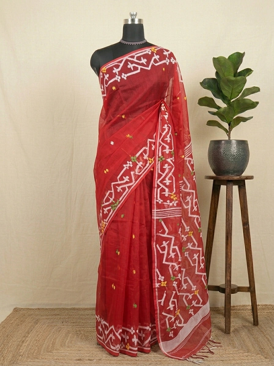 Luxury Fire Red Muslin Silk Saree 