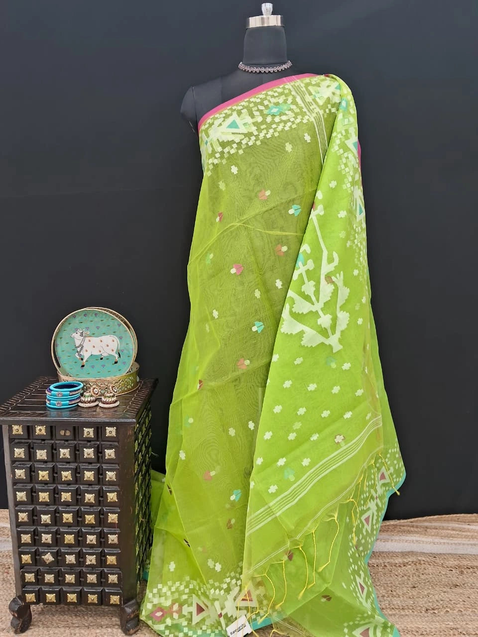 Luxury Bright Green Muslin Silk Saree