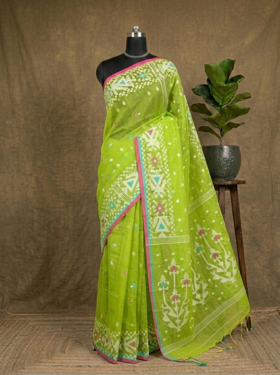 Luxury Bright Green Muslin Silk Saree