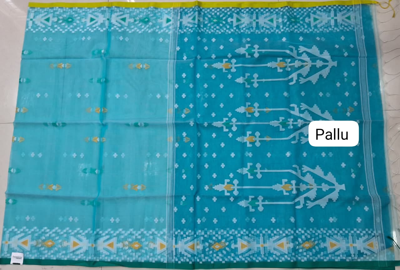 Sky Blue Jamdani woven Muslin Saree Pallu