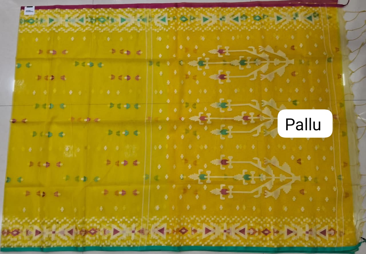 Yellow Jamdani woven Muslin Saree Pallu