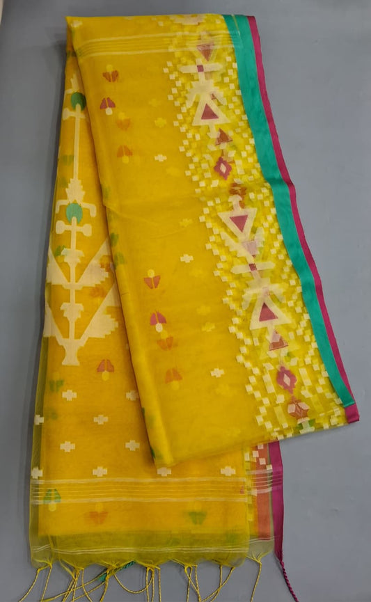 Yellow Jamdani woven Muslin Saree