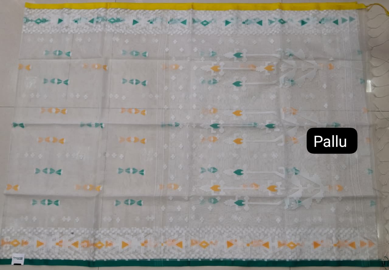White Jamdani woven Muslin Saree Pallu