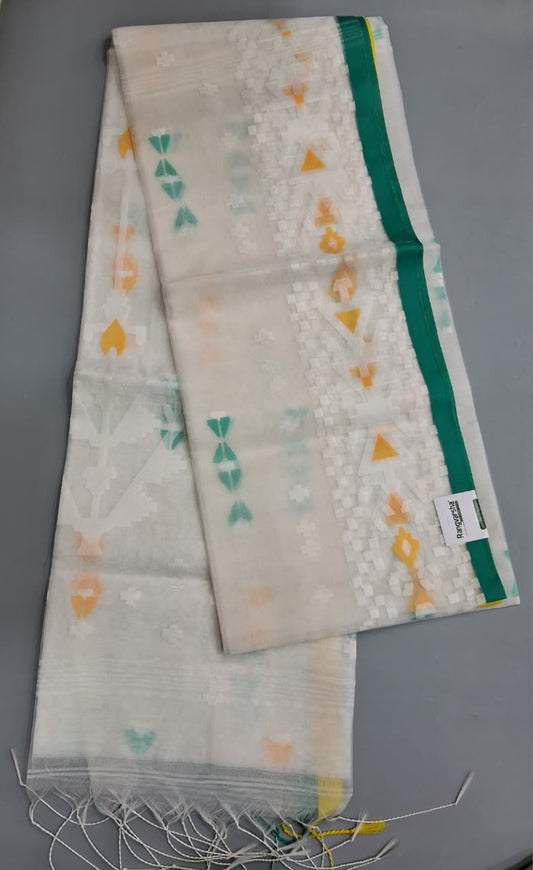 White Jamdani woven Muslin Saree 