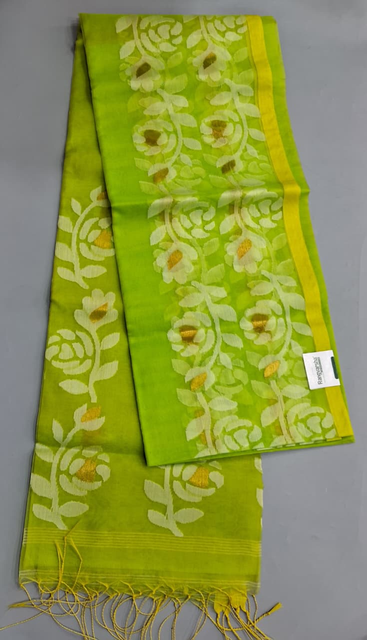 Green Jamdani woven Muslin Saree