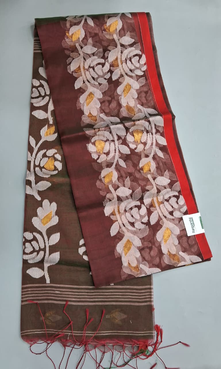 Walnut Brown Jamdani woven Muslin Saree