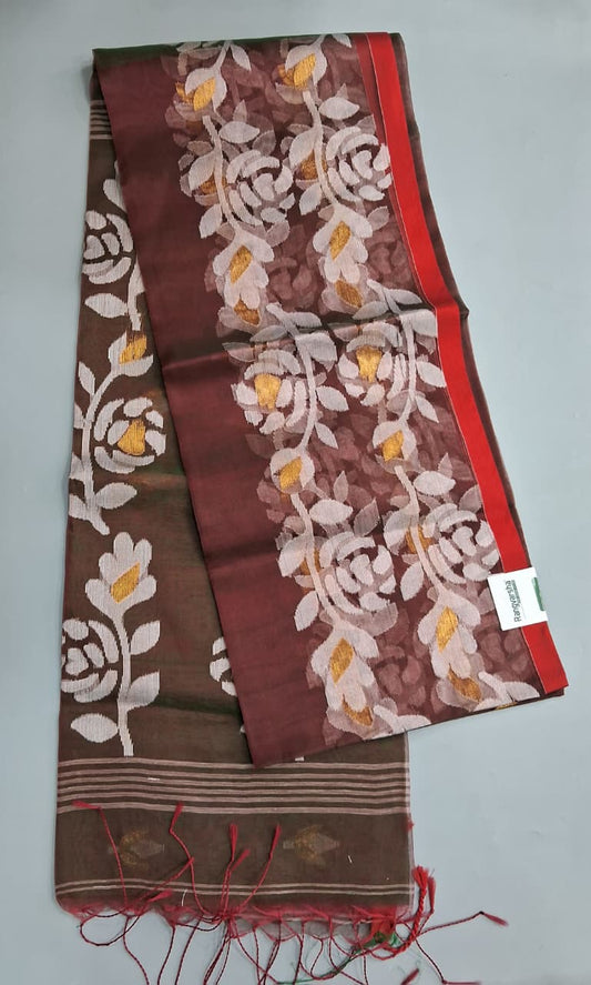 Walnut Brown Jamdani woven Muslin Saree