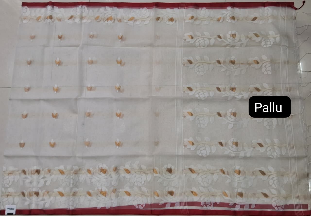 White Jamdani woven Muslin Saree Pallu