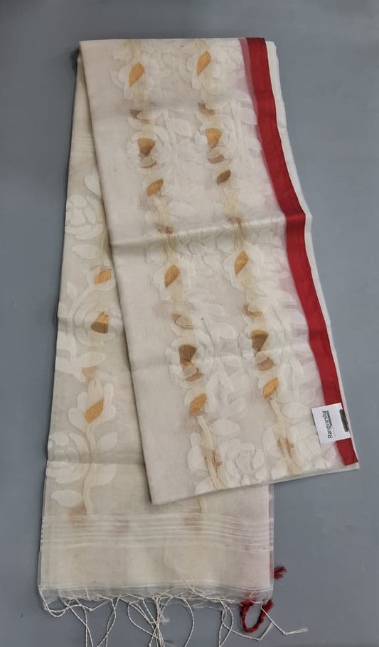 White Jamdani woven Muslin Saree 