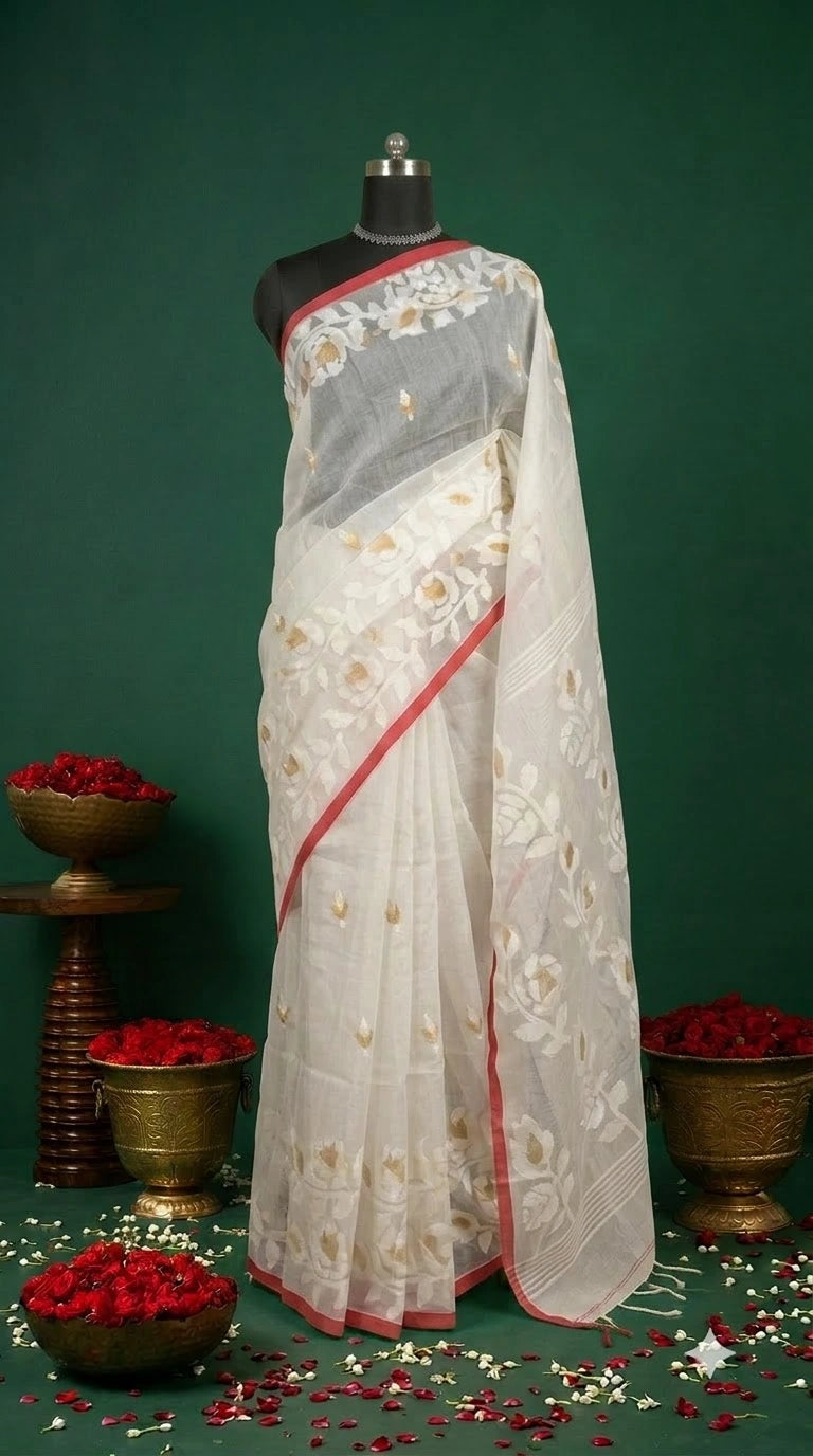 White Jamdani woven Muslin Silk Saree