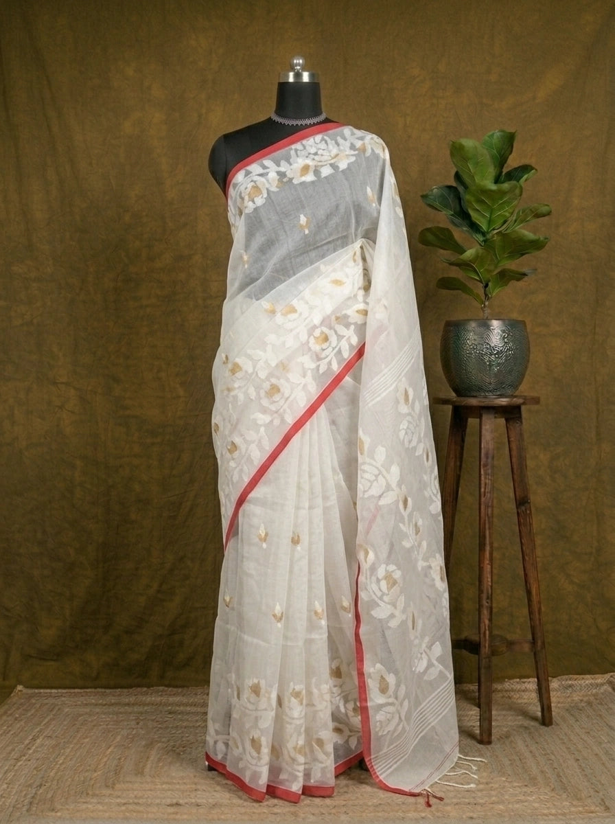 White Jamdani woven Muslin Silk Saree