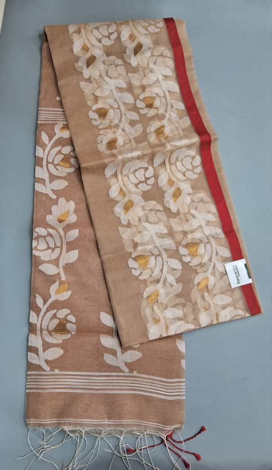 Beige Jamdani woven Muslin Saree