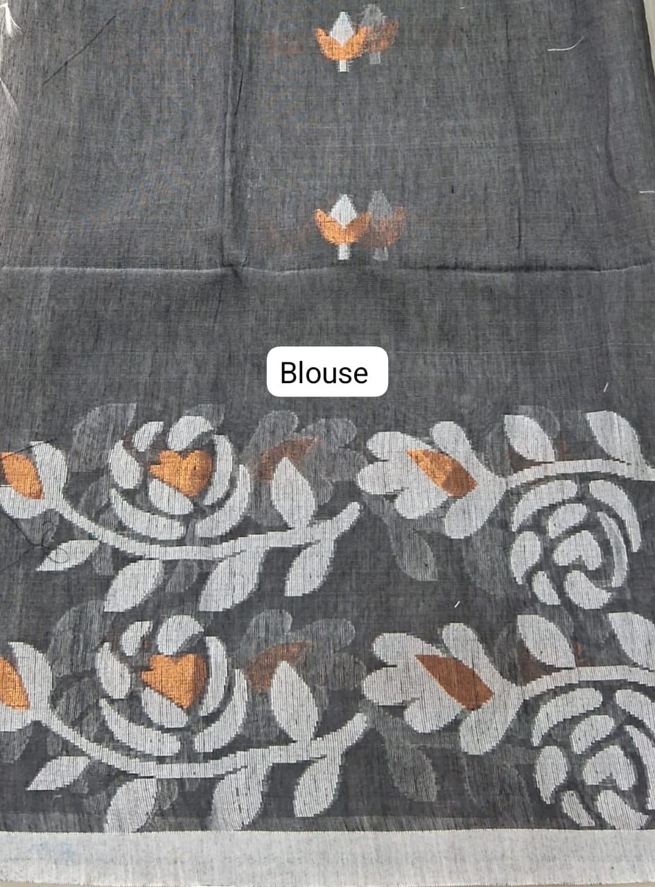 Elephant Grey Jamdani woven Muslin Saree Blouse