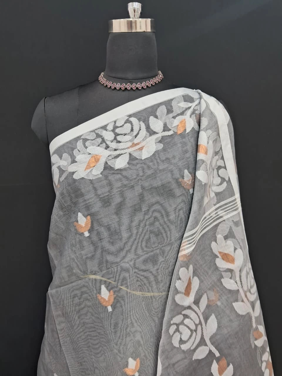 Elephant Grey Jamdani woven Muslin Silk Saree 