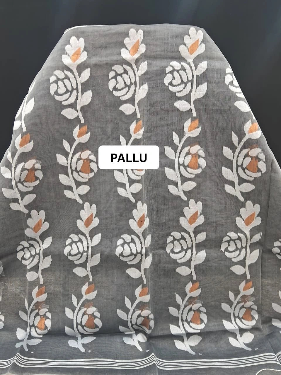 Elephant Grey Jamdani woven Muslin Silk Saree pallu