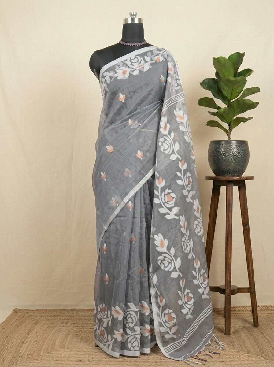 Elephant Grey Jamdani woven Muslin Silk Saree
