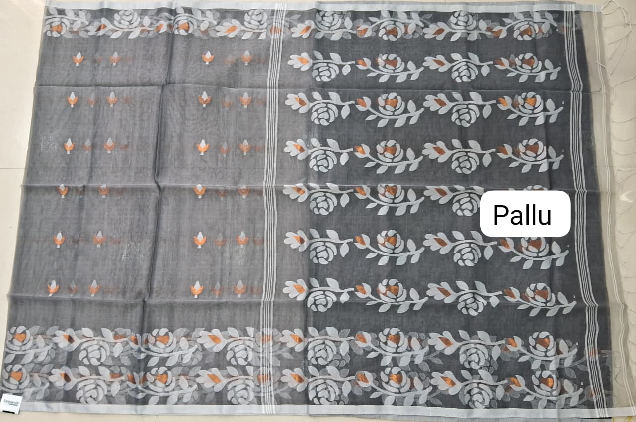 Elephant Grey Jamdani woven Muslin Saree