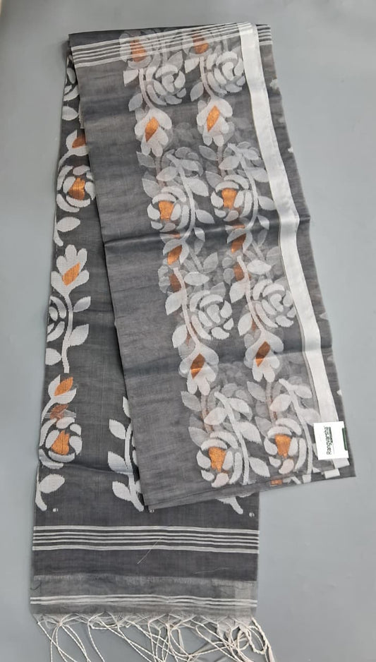 Elephant Grey Jamdani woven Muslin Saree 
