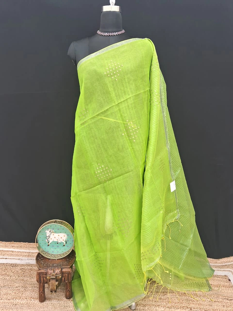 Parrot Green Muslin Silk Saree 