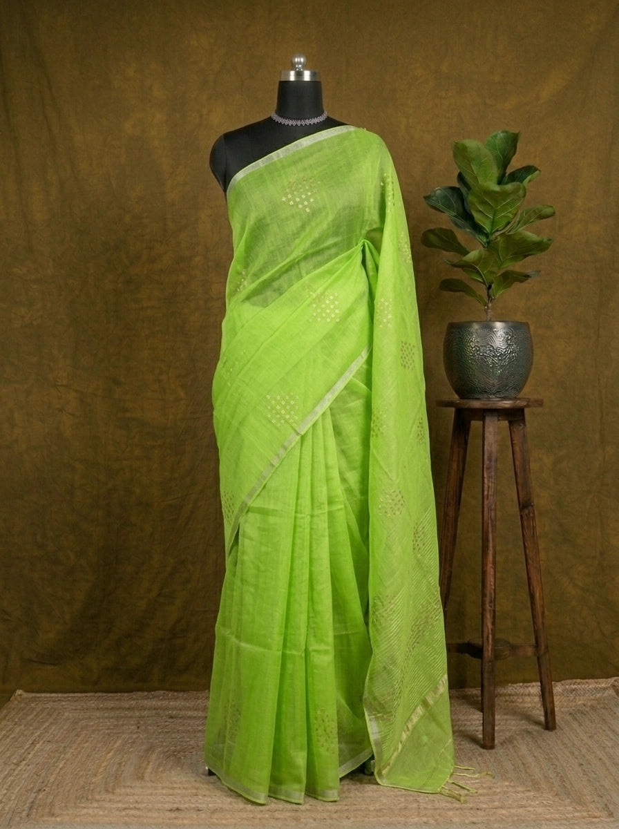 Parrot Green Muslin Silk Saree 