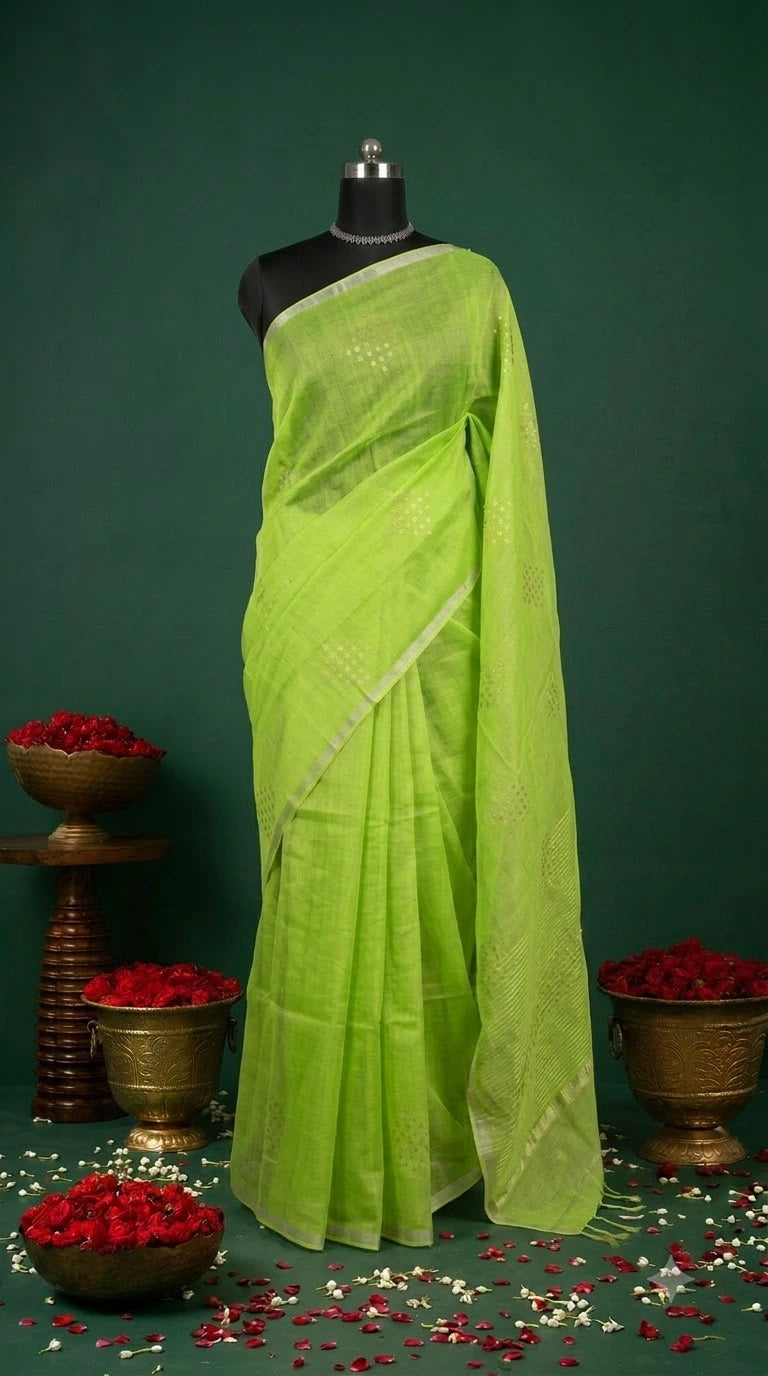 Parrot Green Muslin Silk Saree 
