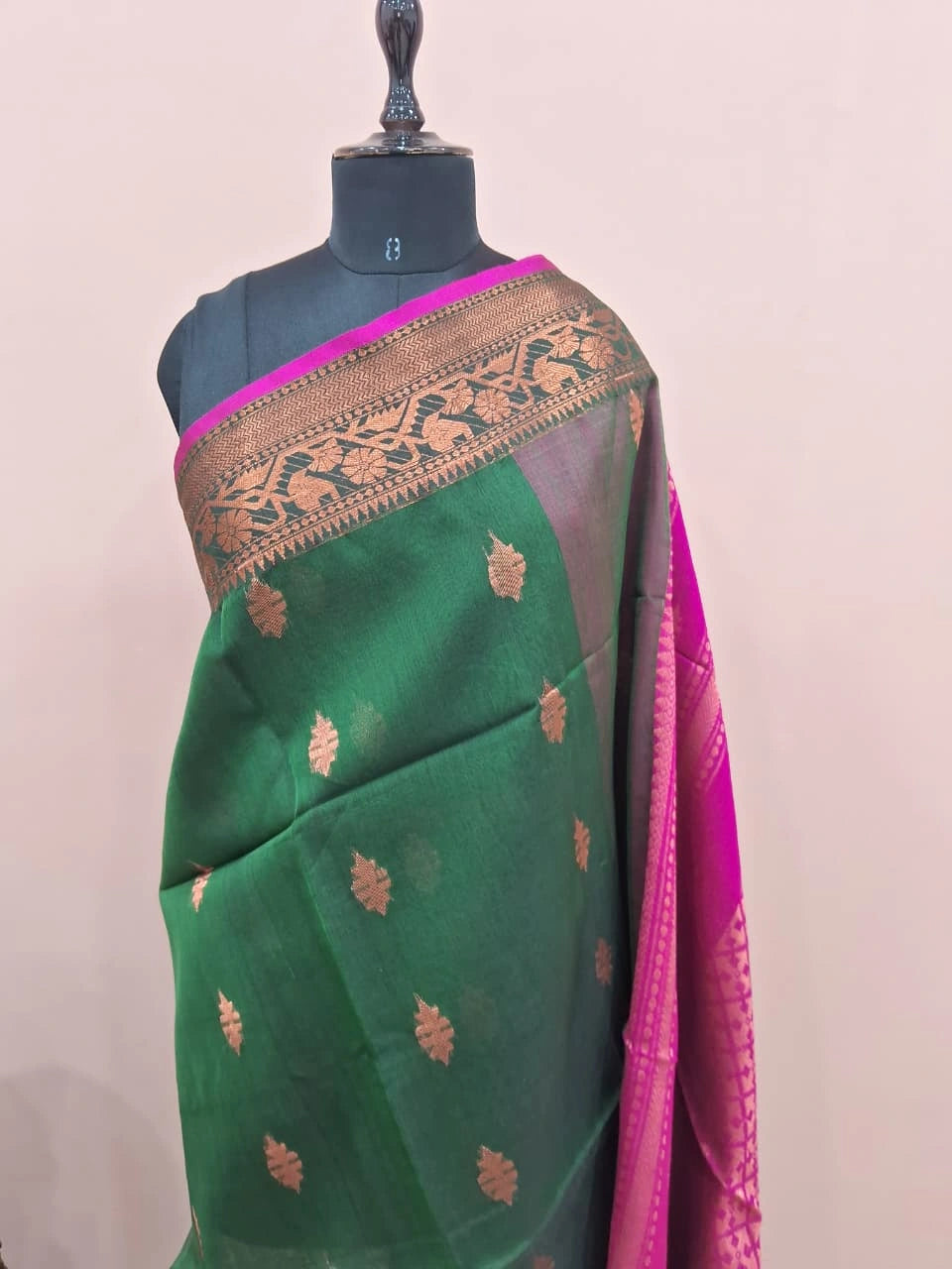 Bottle Green Muslin Saree 1