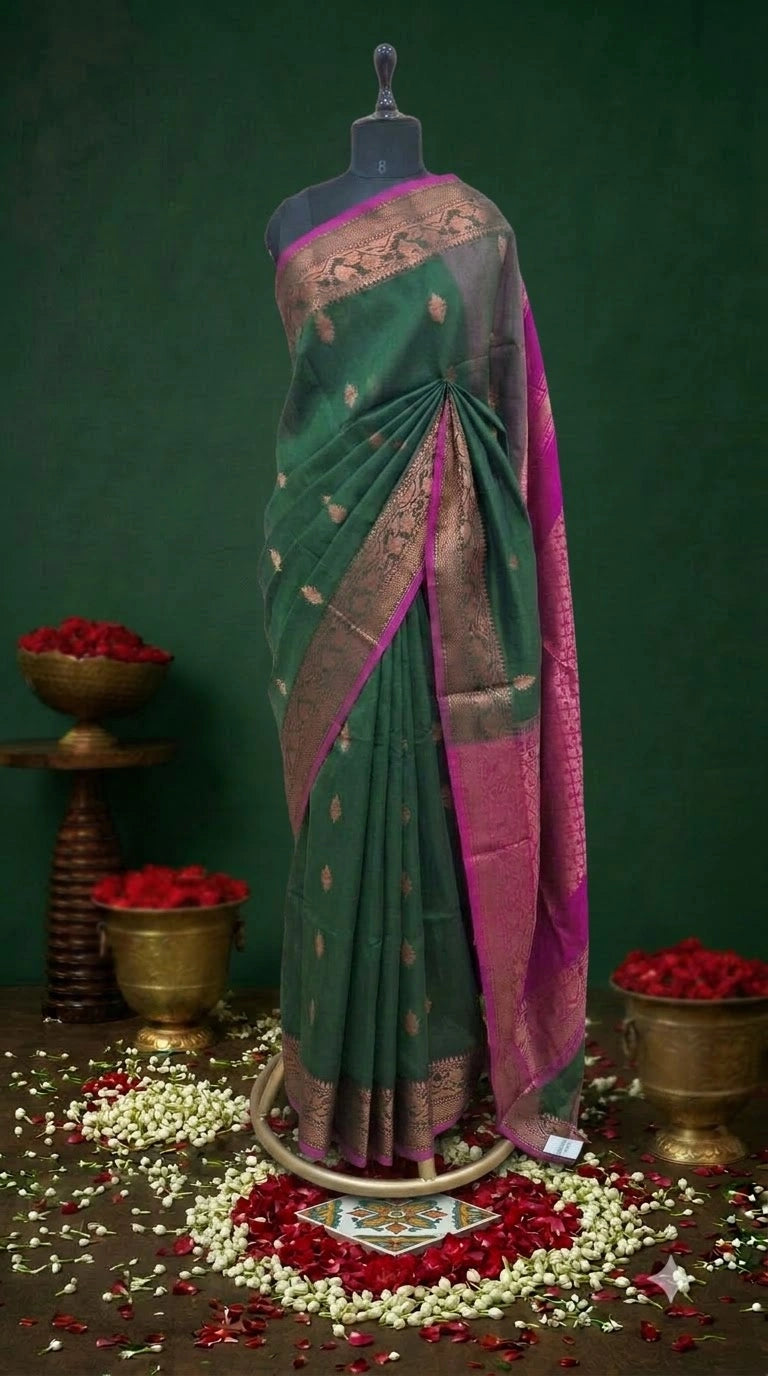 Bottle Green Muslin Saree 