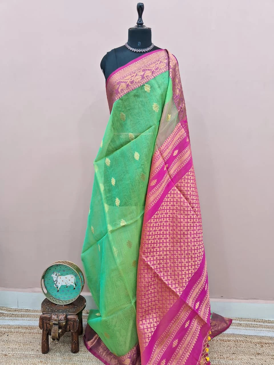 Green muslin saree 
